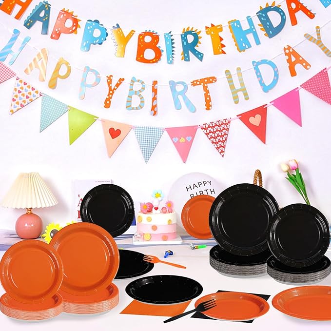 Grencian 96Pcs Orange and Black Party Decorations Orange and Black Plates and Napkins Disposable Paper Tableware Set for Birthday Wedding Baby Shower Fall Harvest Halloween Party Supplies, Serves 24