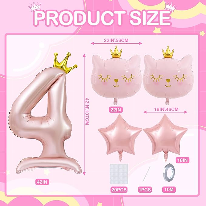 Pink Cat Balloon Set, Crown Cat Foil Balloon, 4 Year Old Girl Birthday Party Decoration, Cat Theme Party Decoration, Theme Party Supplies for Girls Kitten Pet Cat (4)
