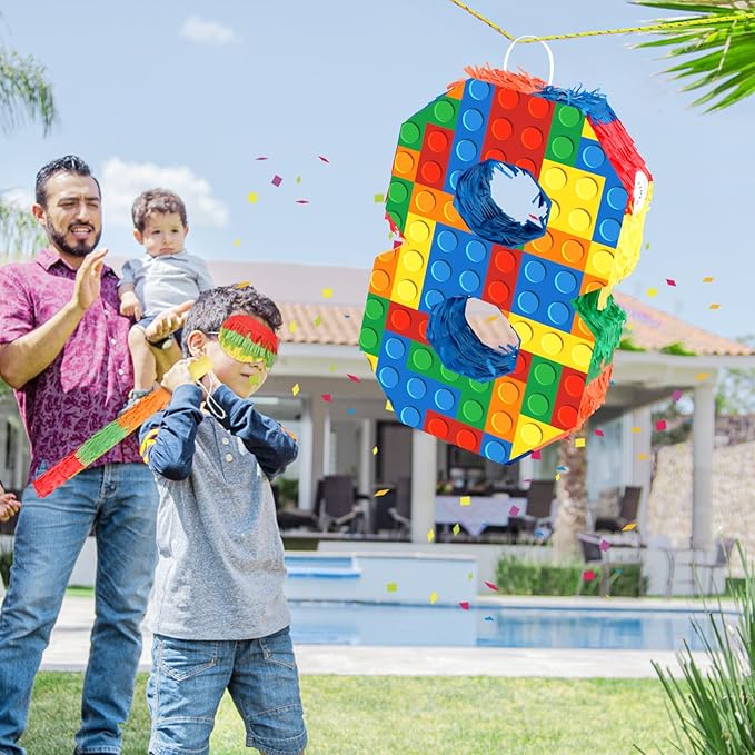 Number 8 Pinata with Blindfold and Bat Stick Building Block 8th Birthday Decorations for Kids Boys Girls Building Block Birthday Party Games Number Pinata for Fiesta