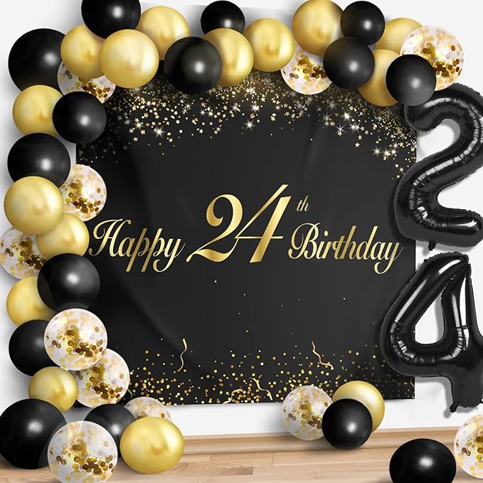 Happy 24th Birthday Balloons Black Set Decor - Cheers to 24 Years Old Party Theme Garland Banner Backdrop Decorations For Women and Men Supplies