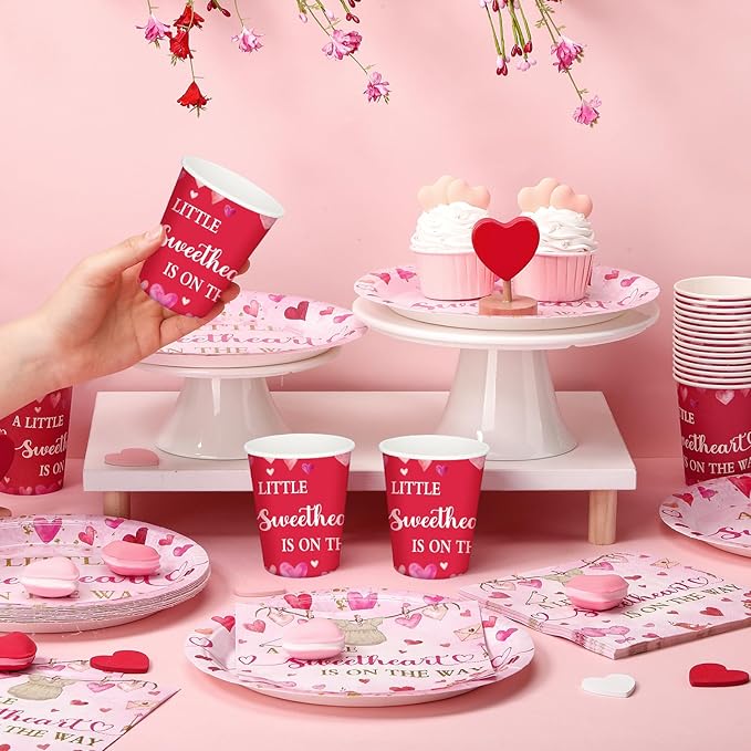 Hushee 200 Pcs Valentine's Day Little Sweetheart Baby Shower Paper Plates Cups Napkins Party Supplies Tableware Set Disposable Cup Napkin for 50 Guest Party Decoration
