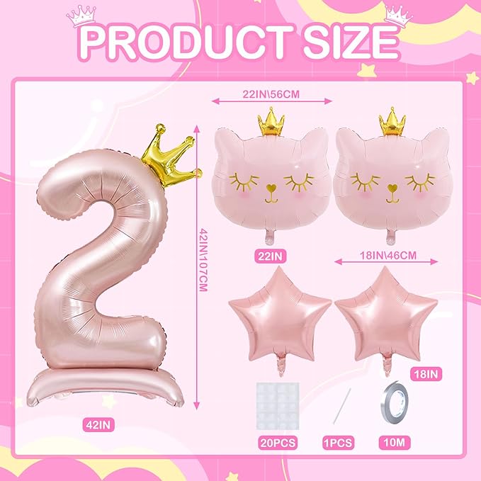 Pink Cat Balloon Set, Crown Cat Foil Balloon, 2 Year Old Girl Birthday Party Decoration, Cat Theme Decoration, Theme Party Supplies for Girls Kitten (2)