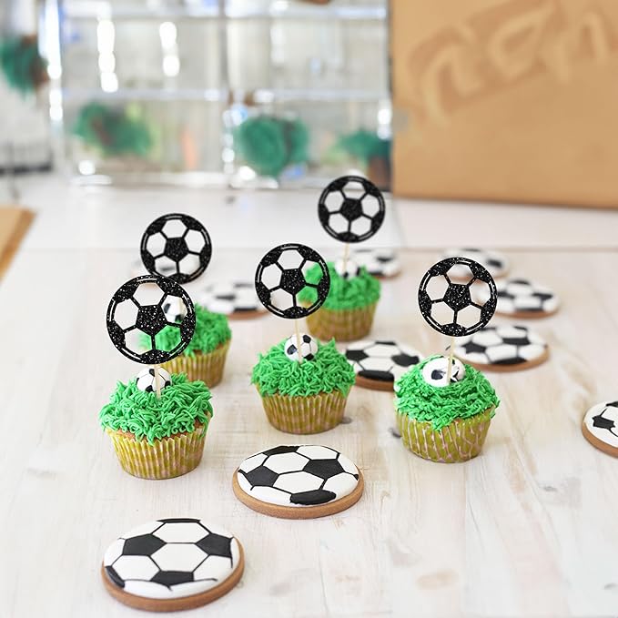 24Pcs Soccer Ball Cupcake Toppers Black Glitter Sports Theme Football Cupcake Food Picks Sport Balls Baby Shower Wedding Birthday Party Cake Decorations Supplies