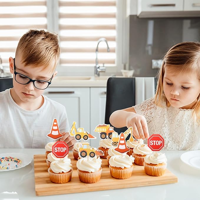36 Pack Construction Cupcake Toppers Dump Truck Excavator Tractor Party Stop Sign Cupcake Picks Kids Birthday Construction Theme Baby Shower Party Cake Decorations Supplies