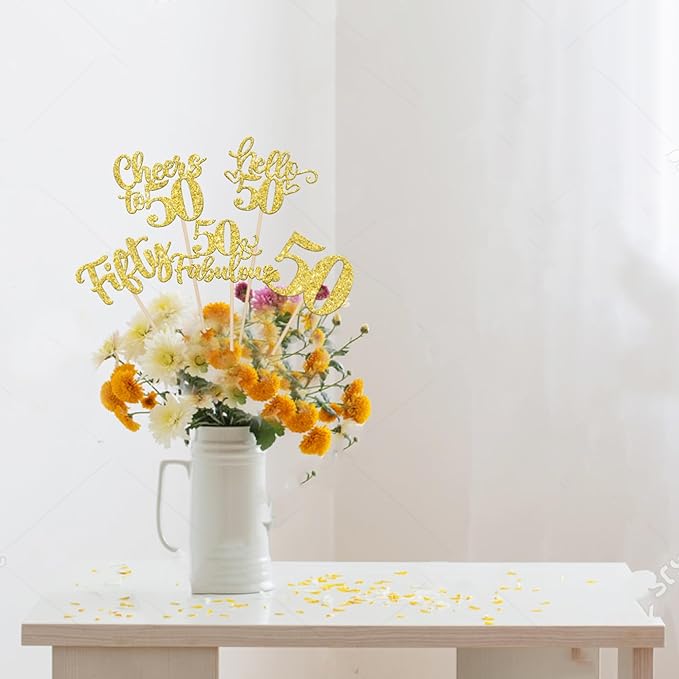 15PCS Happy 50th Birthday Centerpiece Sticks Hello 50 Fabulous Table Flower Centerpieces Sticks Fifty Cheers to 50 Years Floral Decoration for Happy 50th Birthday Party Centerpieces Sticks Gold