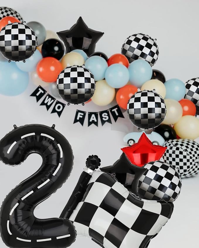 Race Car Birthday Balloons 40 Inch Racetrack Number Balloon 2 Black Boys Two Fast Birthday Race Car Theme Party Decor Supplies 5 Pcs Mylar Balloon