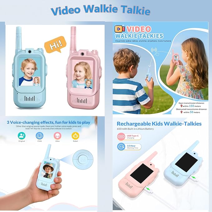 2 Pack Video Walkie Talkies for Kids,Handheld IPS Screen Rechargeable Video Walkie Talkie with Camera, Kids Christmas Birthday Gifts Two-Way Radio Walkie-Talkie for Indoor Outdoor Family Games