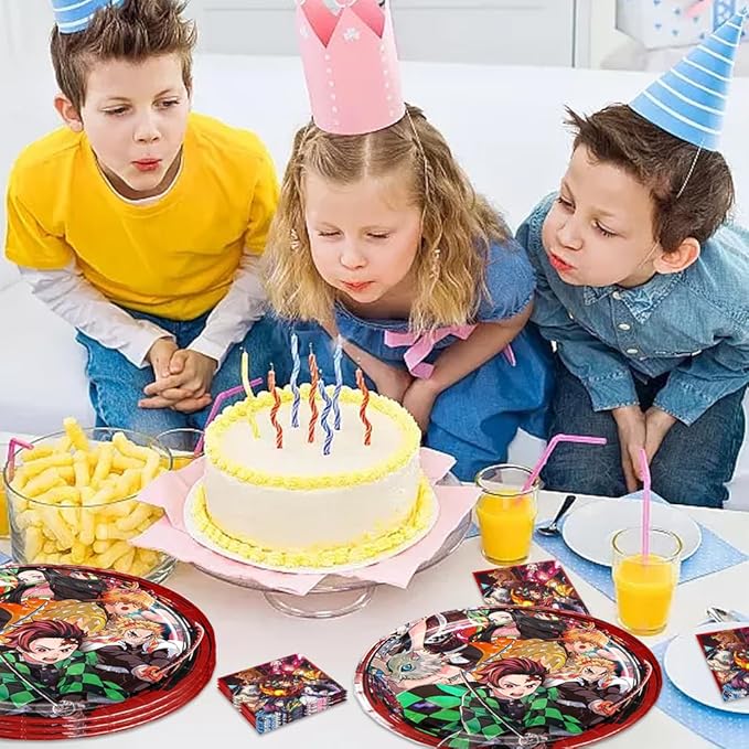 41Pcs Demon Slayers Party Supplies include 20 plates, 20 napkins for De Slayers 1 Tablecloth Birthday party Decoration