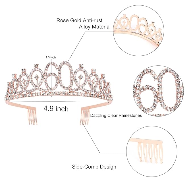 CIEHER 60th Birthday Gifts for Women - Crown, Fabulous Sash, Decorations, and Cake Topper