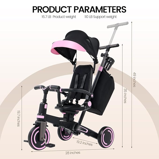 Aneco 9-in-1 Multi-functional Baby Tricycle for Toddlers 10 Months-3 Years with Removable Canopy Rotatable Seat Safety Harness Wheel Brake Adjustable Push Handle Storage Bag Cup Holder, Black and Pink