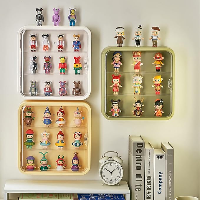 Clear Display Case for Figures, Wall-Mounted Doll Storage Box, Adjustable Display Stand with Door Dust and Moisture Proof Suitable for Lego Collectibles Action Figures Pop Mart (Green)