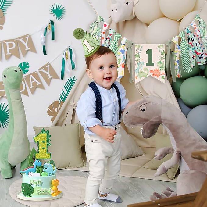 Dinosaur Theme 1st Highchair Banner Tassel Garland Dino Conical Cap Cake Topper Green First Dinosaur Birthday Decorations