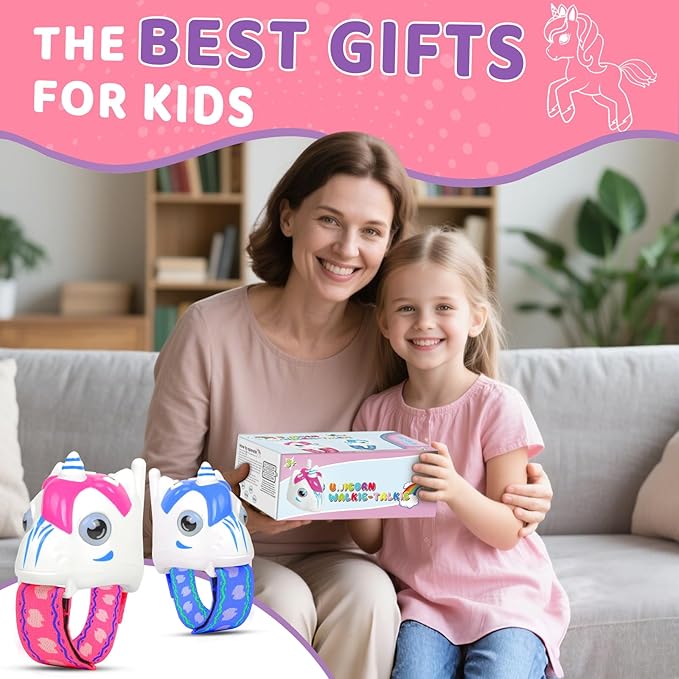 Unicorn Walkie Talkies for Kids, 2 Pack Camping Unicorn Outdoor Toys for Girls Age 3-12 Year Old, 3 Channel Toy Birthday Gifts Easter Halloween Christmas Stocking Stuffers (Pink + Blue)
