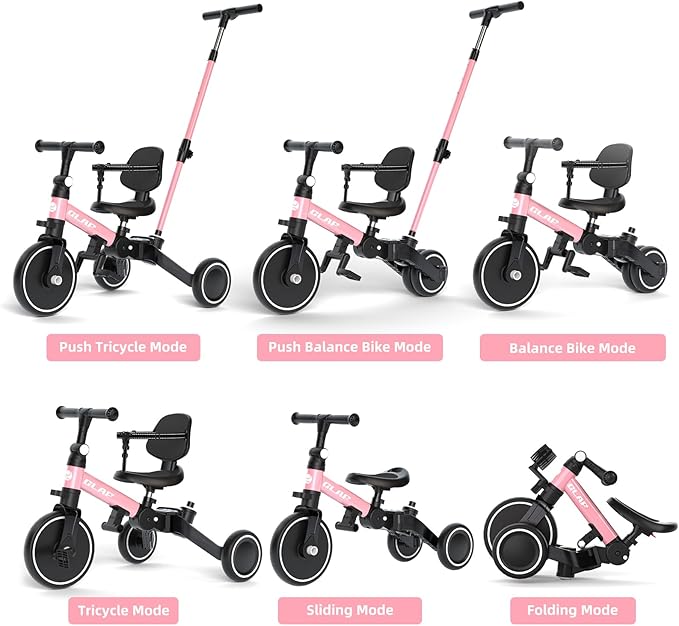 Glaf Tricycle for Toddlers 1-3 Toddler Bike with Push Handle 2-4 Years Baby Bike Toys for 2 Years Boys and Girls Balance Bike with Adjustable Seat Height and Backrest Birthday Gift (Pink