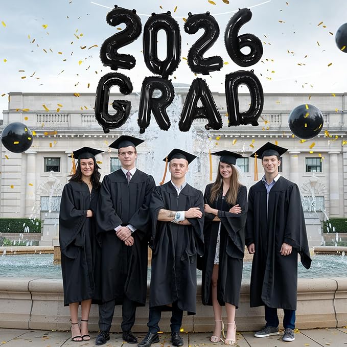 Black 2026 Congrats Balloons, 16 Inch Matte Black 2026 GRAD Foil Balloons Banner Sign for Graduation Decorations 2026, College High School Class of 2026 Graduate Congratulations Party Decor Supplies