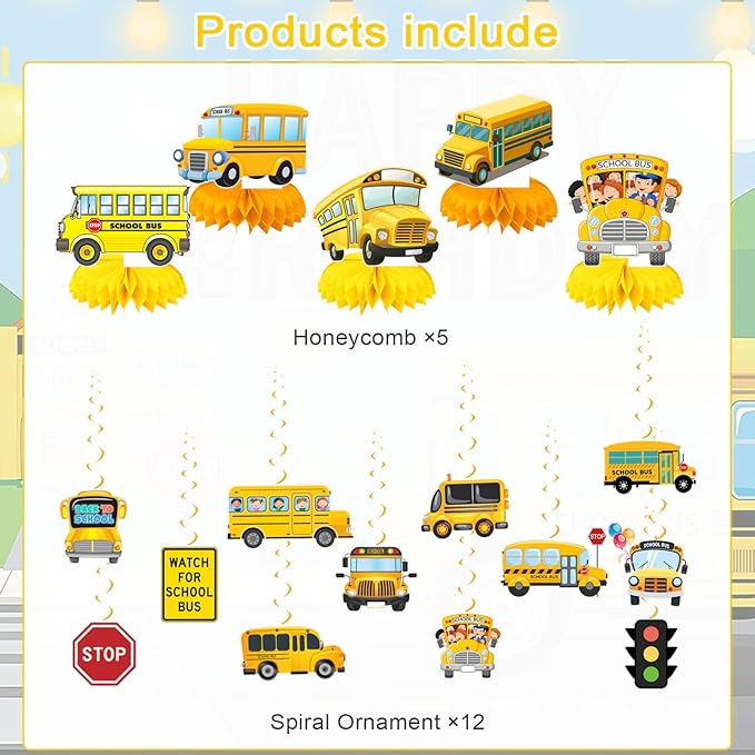 Wheels On The Bus Party Decorations Yellow School Bus Birthday Party Decor Supplies Includes Happy Birthday Banner Hanging Swirls Cute Back to School Honeycomb Centerpiece