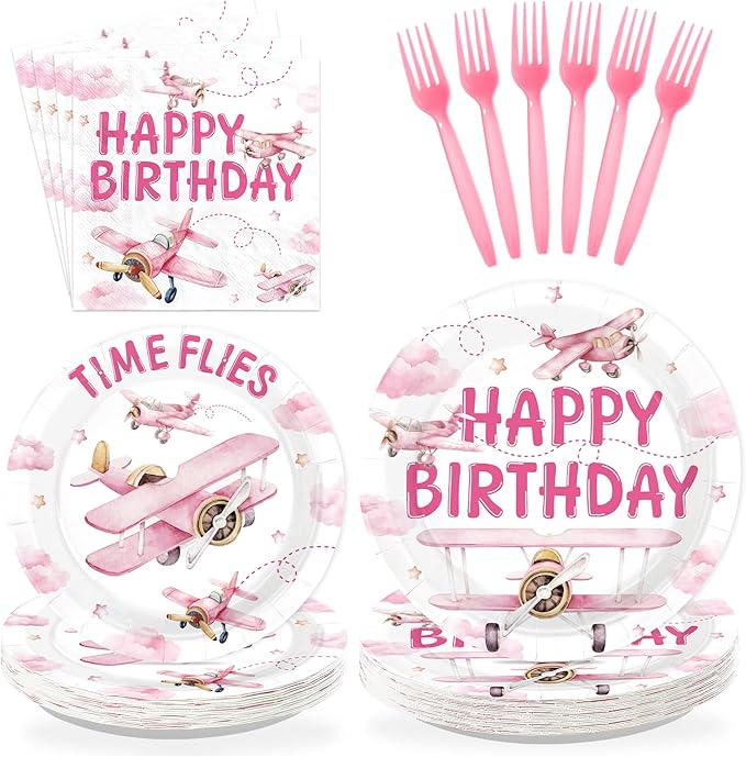 96Pcs Airplane Birthday Party Decorations Pink Airplane Aircraft Plates and Napkins How Time Flies Decorations for Girls Little Pilot Aviation Theme Birthday Baby Shower Party Supplies Serves 24
