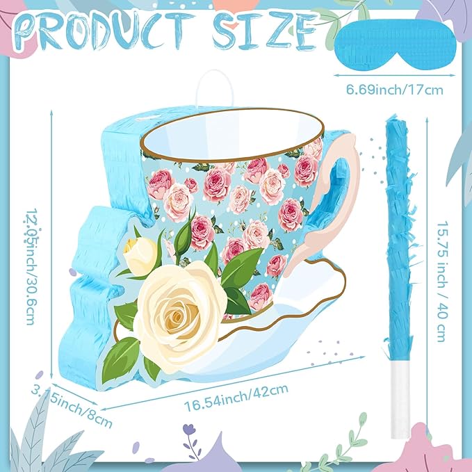 Aoriher 4 Pieces Tea Party Piñatas Tea Flower Themed Decorations Teapot Small Piñata Bundle with Blindfold and Stick Teacup Party Supplies Favors for Birthday (Blue,Teacup)