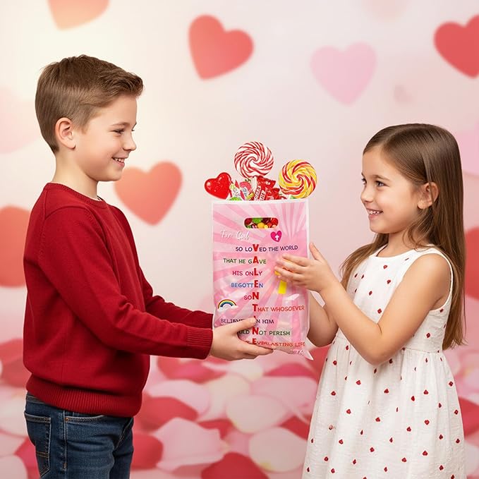 Valentine's Day Party Favor Bag - 50Pcs Valentine's Day John 3:16 Goody Candy Treat Gift Bag Religious Christian Cross Valentine Decor for Kid Adult Church VBS Sunday School Classroom Exchange Wedding