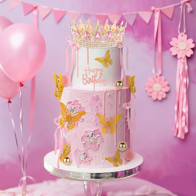 Hooqict 24Pcs Crown Cake Decorations Set with Pink Bows Gold Butterflies Happy Birthday Crown Cake Toppers & Cupcake Toppers for Girls Women Pastel Princess Queen Birthday Party Decorations Supplies