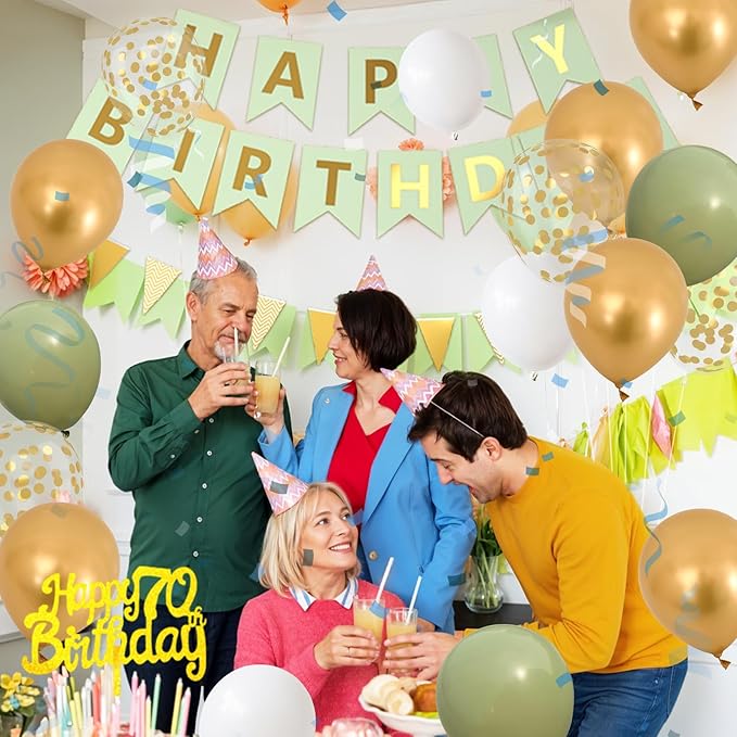 70th Birthday Decorations for Men Women, gold green Happy Birthday Party Decorations With Number 70 Balloons sage green Gold Confetti balloons Fringe Curtain Cake Topper For 70th Party Supplie