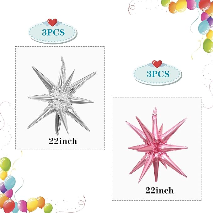6 Pcs Silver Star Foil Balloons One-Piece 14-Pointed Star Balloon 4D Starburst Cone Mylar Balloon 22inch Christmas Birthday Wedding Wedding Anniversary Party Supplies (Silver + Pink)