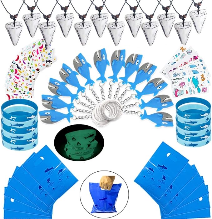 Shark Party Favor Supplies Pack -Shark Tooth Necklace Tattoo Sticker Shark Gift Bag Shark Bracelet Pin Back Button for Kids Under the Sea/Birthday/ Goody Bags (66 pcs/set)