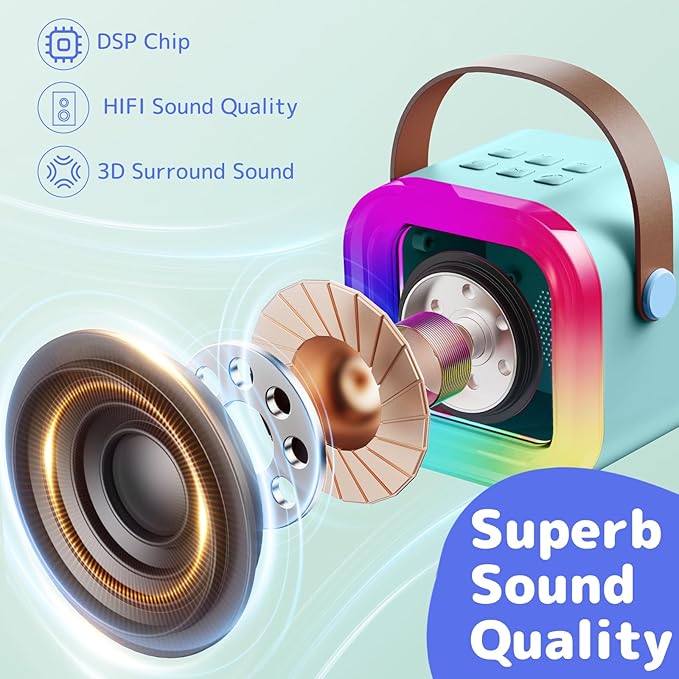 Fede Karaoke Machine for Kids Adults, Mini Karaoke Machine with 2 Wireless Microphones, Portable Bluetooth Speaker with Voice Changing Effects & LED Lights, Best Gifts Toys for Girls and Boys
