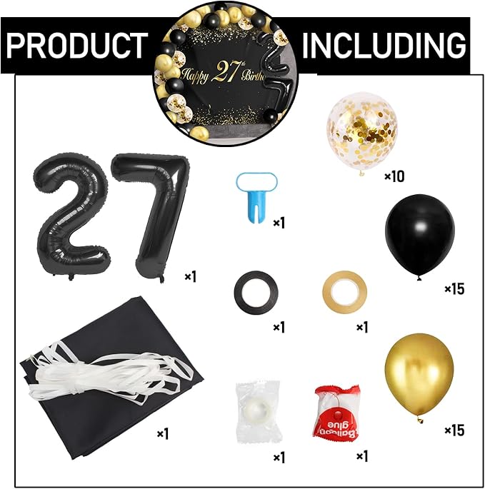 Happy 27th Birthday Balloons Black Set Decor - Cheers to 27 Years Old Party Theme Garland Banner Backdrop Decorations For Women and Men Supplies