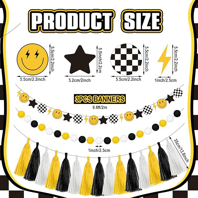 53 Pcs One Happy Dude Birthday Decorations 1st Birthday Paper Tassel Banners Lightning Smile Face Garland Decoration Two Cool High Chair Banner for One Happy Dude Party Favors Supplies