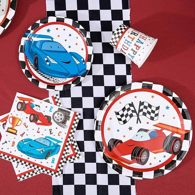 WERNNSAI Race Car Party Decorations - 64 PCS Car Plates Napkins Cups Black and White Checkered Themed Dinnerware for Kids Boys Two Fast irthday Supplies Favors Serves 16 Guests