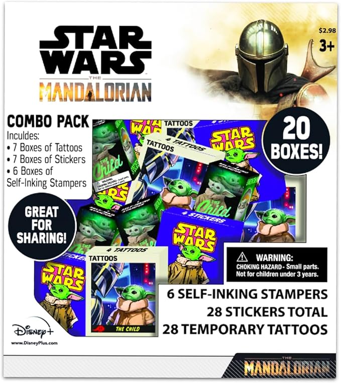 STAR WARS Baby Yoda Party Favors for 20 Guests Bundle ~ 20 Pieces Mandalorian Favor Boxes with Stickers, Tattoos, and Stampers for Kids Birthday Party Party Supplies and Decorations