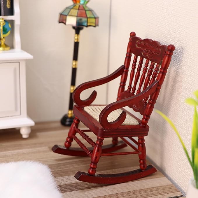 Dollhouse Chairs 2PCS Miniature Rocking Chair 1:12 Scale Wooden FurnitureAccessories Tiny Mini House Home Outdoor Decoration ModelLiving Room Scene Christmas Craft Displays (Red)