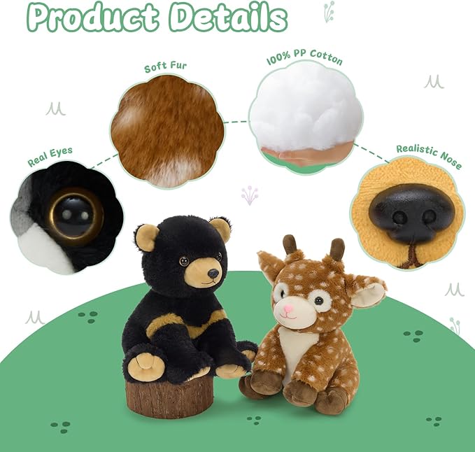 MaoGoLan 5 Pcs Woodland Animals Plushies Bulk Stuffed Woodland Toys Baby Shower Decorations, 8'' Grizzly Bear Deer Fox Raccoon Red Panda Forest Party Favors Easter Valentines Gifts for Girls