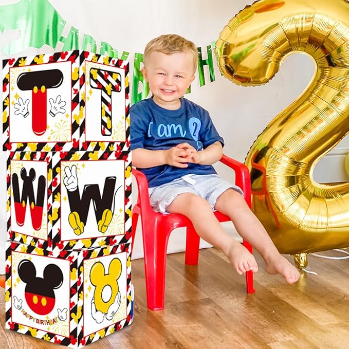 TONIFUL Mouse 2nd B-Day Party Supplies Red Yellow Black Balloon Box with Letters, Red Mouse Theme TWO Years Old Birthday Party Favors for Second Birthday Decoration