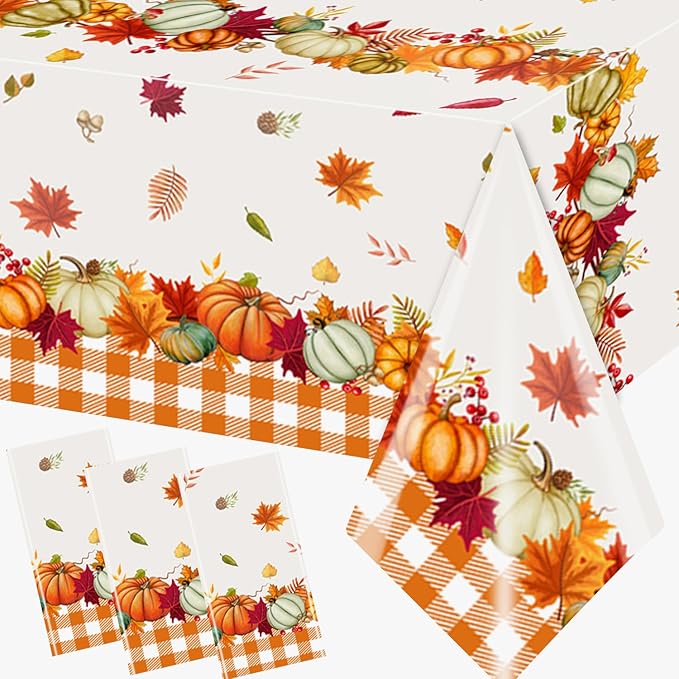 Thanksgiving Tablecloth Decoration,3pcs Fall Plastic Tablecloth Give Thanks Autumnal Pumpkins Table Cloth for Autumn Harvest Thanksgiving Party Supplies