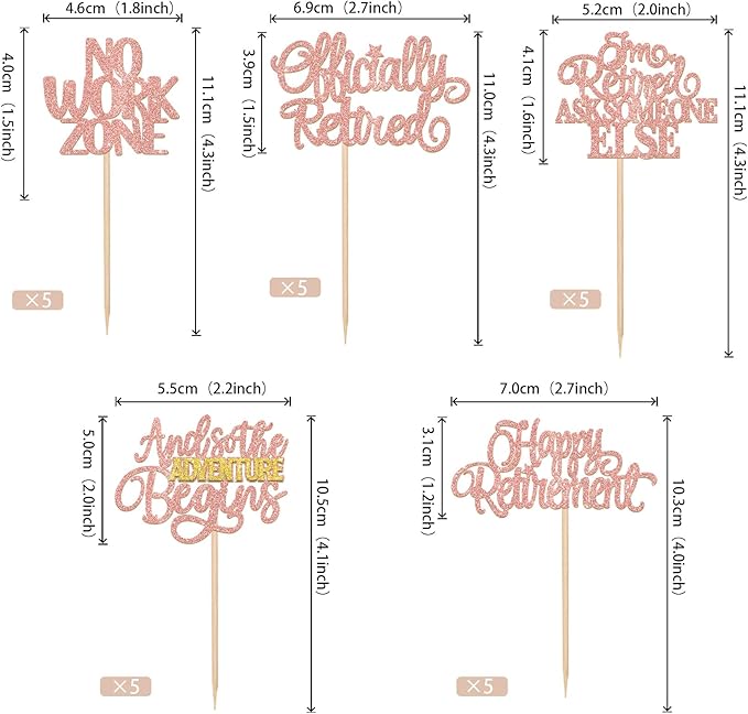 30 PCS Happy Retirement Cupcake Toppers Officially Retired Cake Toppers No Work Zone Adventure Begins Cupcake Picks for Retirement Theme Farewell Birthday Party Decorations Supplies Rose Gold