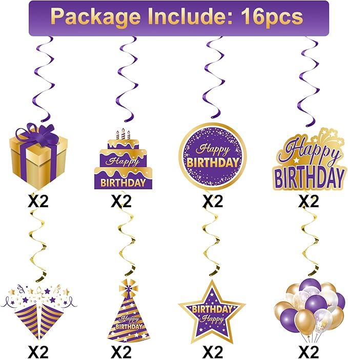 Purple Gold Birthday Hanging Swirls Decorations for Women Girls, Purple Happy Birthday Foil Swirls Party Supplies, 10th 16th 21st 30th 40th 50th 60th Bday Ceiling Sign Decor