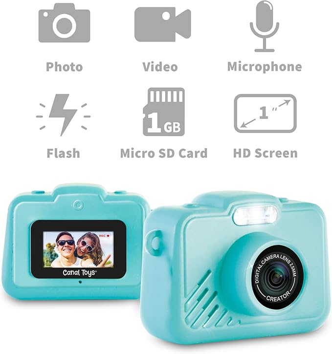 Photo Creator Mini’Cam Original Digital Camera - Turquoise; Customize with 6 Frames and 8 Built-in Color Filters; Compact; 1GB Micro-SD Card Included