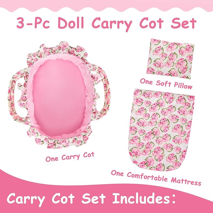Doll Carry Cot Set, Soft 3PC Set Includes Cot, Mattress and Pillow, Pink Flower Doll Bassinet, Fits for 10-12 Inch American Girl Dolls