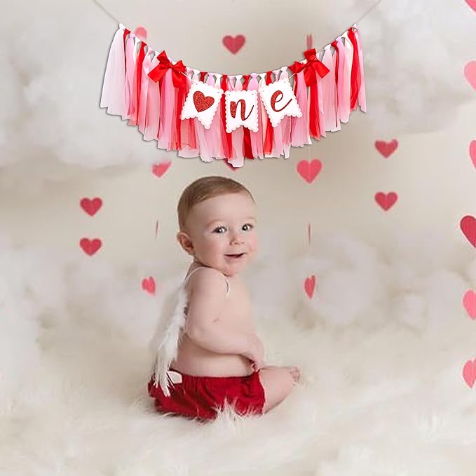 Valentine's Day One High Chair Banner - Valentine's Day Themed First Birthday Party Decoration Supplies Banner, Sweet 1st Birthday Party Banner, Sweetheart Sign Anniversary Milestone Celebration Highchair Banner