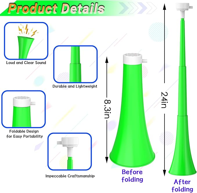 Collapsible Stadium Horn 24 Inch Vuvuzela Plastic Trumpet Blow Horns Noisemakers Loud Sound Soccer Cheer Horn for Sporting Events Graduation Games School Party Supplies Favors Accessories