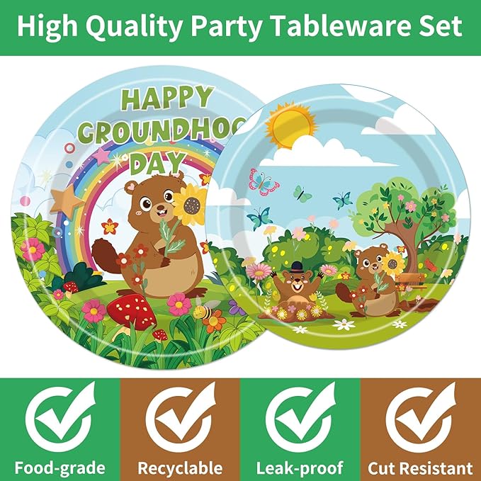 96Pcs Groundhog Day Decorations Tableware Set Happy Groundhog Day Paper Plates Napkins Forks Spring Animals February 2nd Ground hog Holiday Celebration Decor Party Supplies Serve 24 Guests