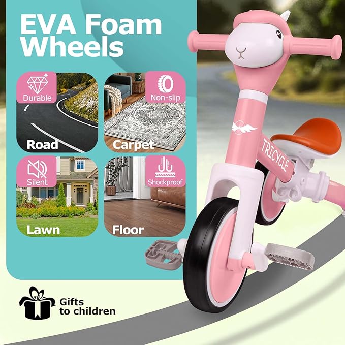 Toddler Balance Bike with Light & Music, Tricycle for Toddlers 1-5 Year Olds, Toddler Tricycle for Boys Girls, Kids Bicycle with Removable Pedal, Birthday Gifts for 1 2 3 4 5 Year