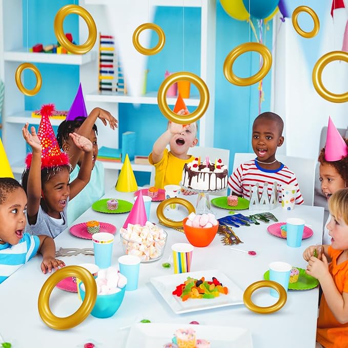 12 Pcs Cartoon Party Decor Inflatable PVC Gold Rings Balloon, Cartoon Themed Birthday Party Supplies for Gamer's Birthday Decor Favors