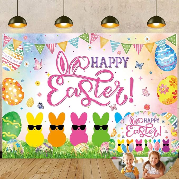 Happy Easter Banner Backdrop 6x4FT Spring Colorful Eggs Bunny Peeps Photography Background Easter Peeps Party Decorations Supplies Photo Props
