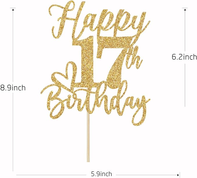 Happy 17th Birthday Cake Topper, 17th Birthday Decorations, Cheers to 17 Years, Hello 17, 17th Happy Birthday Party Supplies Gold Glitter