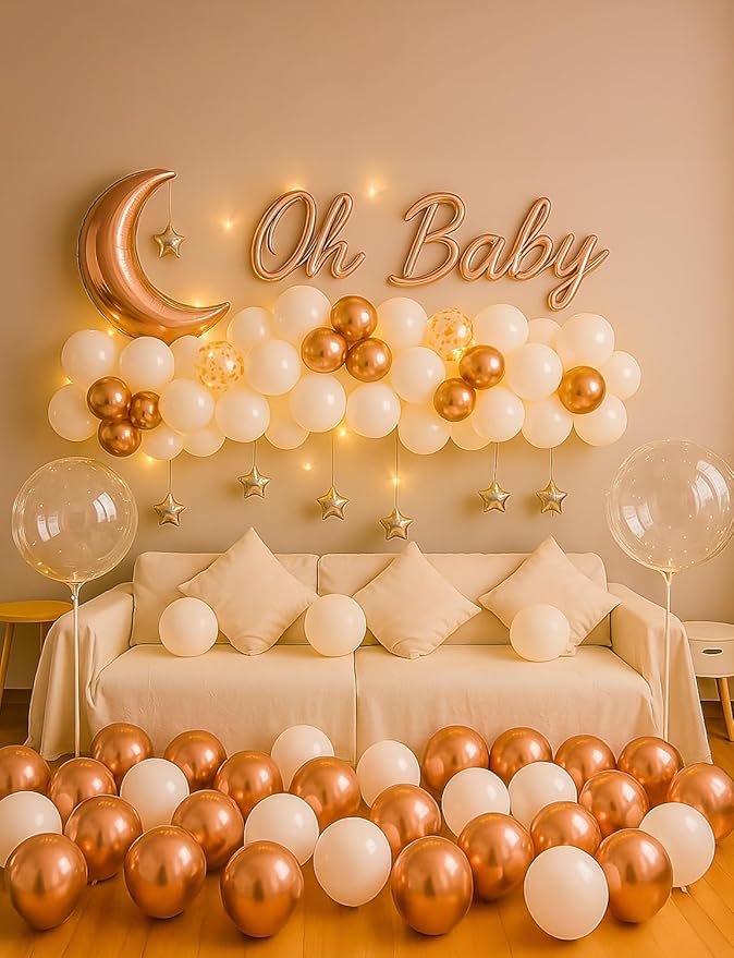 Rose Gold and White Balloons - Retirement Balloons with String Lights Moon and Star Balloon Rose Gold Party Decorations for Women Baby Shower Twinkle Twinkle Little Star Gender Reveal Party Supplies