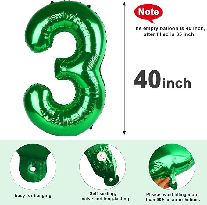 Numbers Balloon 3, 40 Inch Large Dark Green Balloon for Three Year Old Birthday Decor, 3 13 30 31 Birthday Party Decorations for Wedding Supplies