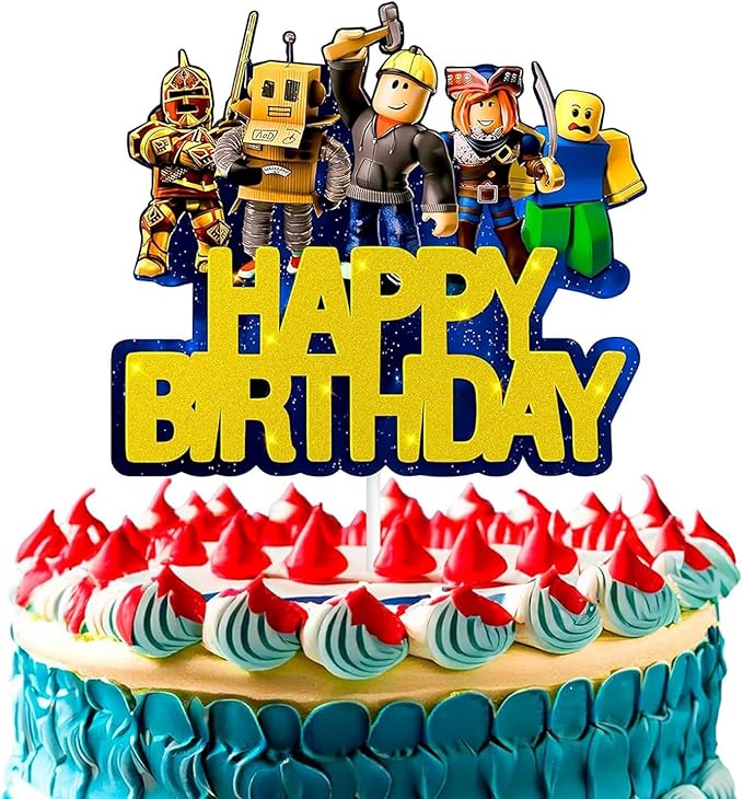 Video Game Cake Topper Decorations - Vibrant Glitter Cardboard Gamer Cake Topper, Eye-Catching Design, Firm Installation & Easy Adjusting, Sturdy Plastic Stick - Birthday Decorations for Boys & Girls